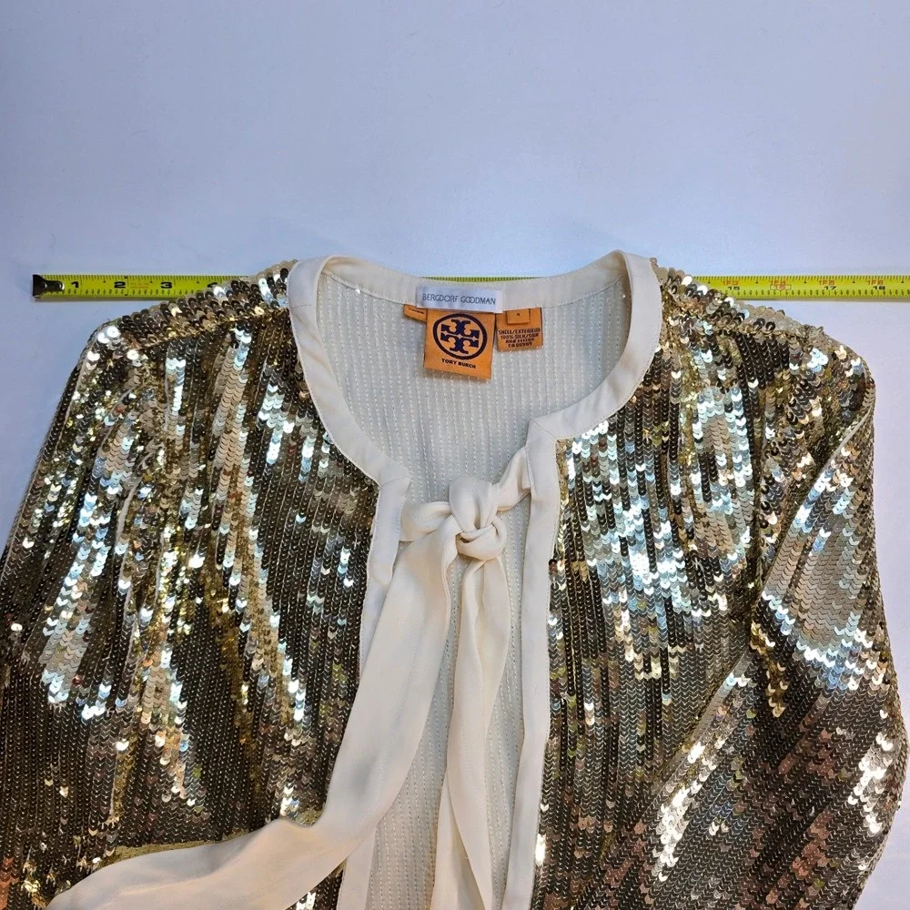 Tory Burch Bergdorf Goodman Gold Sequin Silk Tie Front Jacket Cardigan‎ Top SZ 4